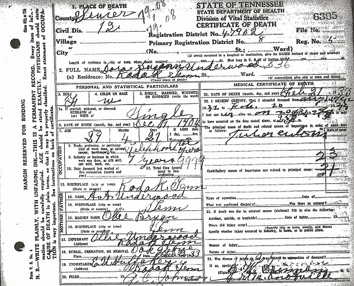 Sevier County, Tennessee Death Certificates